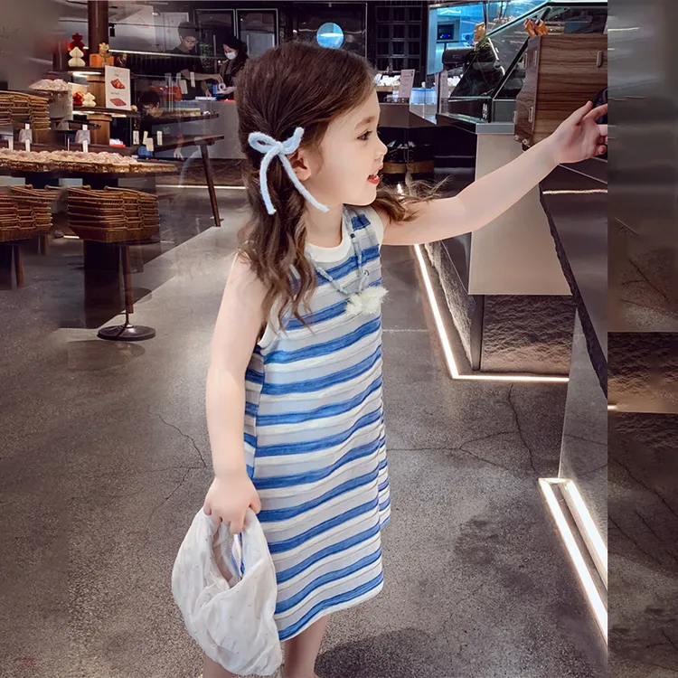 女童洋气连衣裙2025夏季条纹无袖韩版裙儿童宝宝中长款T恤背心裙