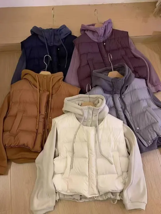 1Q家冬季时尚连帽羽绒棉服保暖休闲马甲卫衣套装