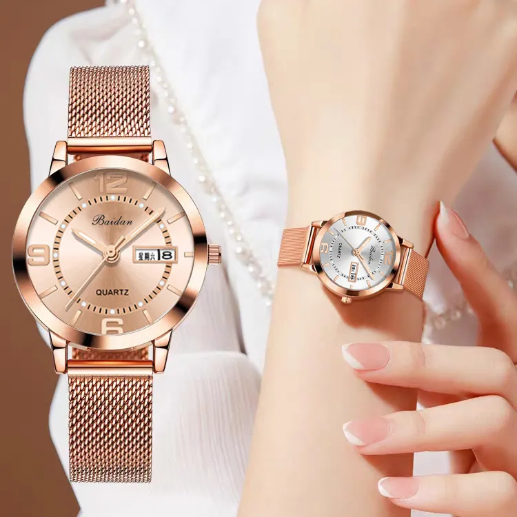 送女友女士手表送礼物休闲时尚潮流日历网带防水高档轻奢石英腕表商品图