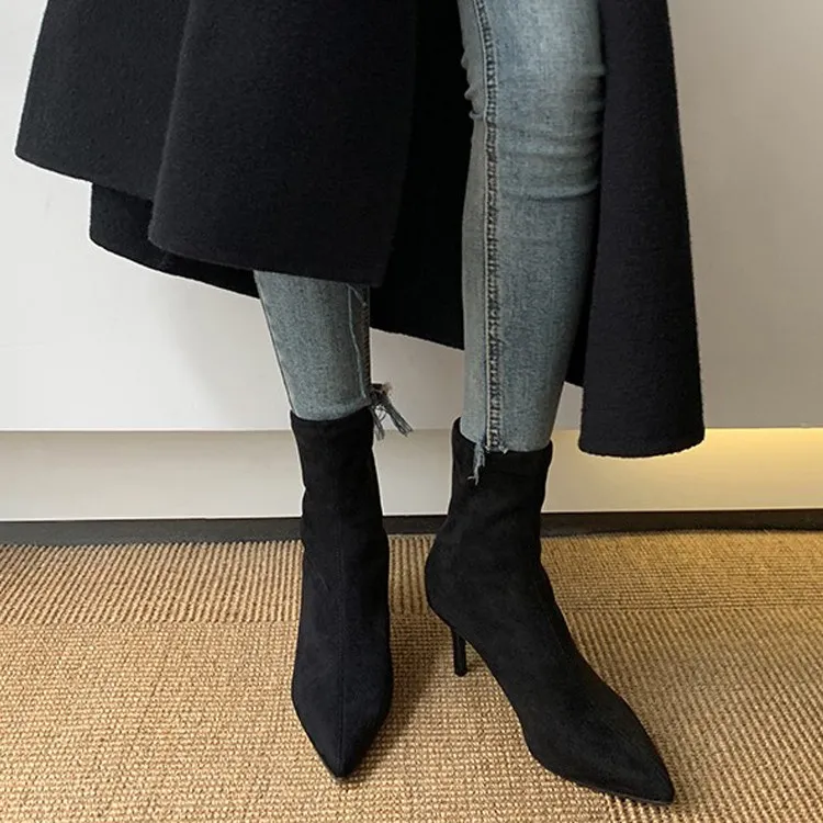 【时尚女靴】猫跟短靴女小跟裸靴尖头细跟绒面弹力袜靴高跟瘦瘦靴