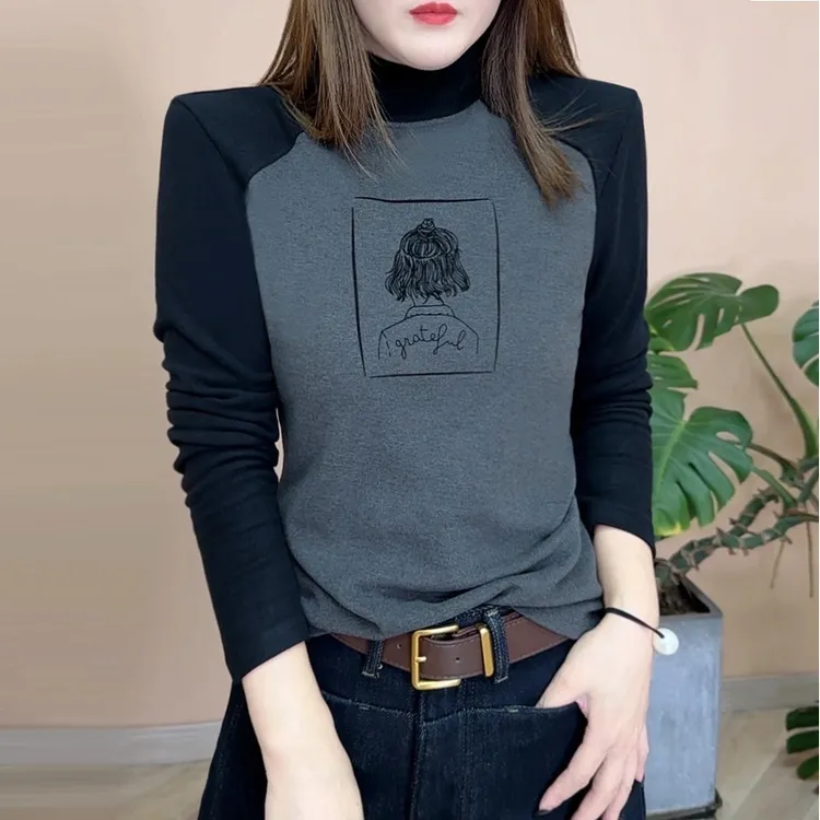 2024秋冬新品时尚百搭显瘦双面绒保暖半高领长袖打底女士上衣减龄