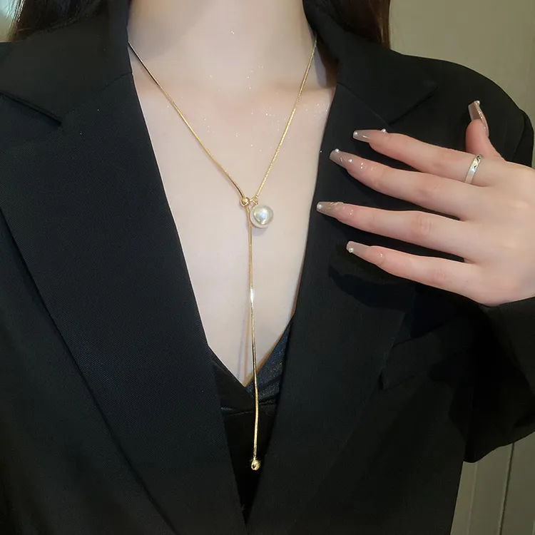 钛钢项链 气质长款项链 吊坠毛衣链抽拉可调节时髦颈链 个性配饰