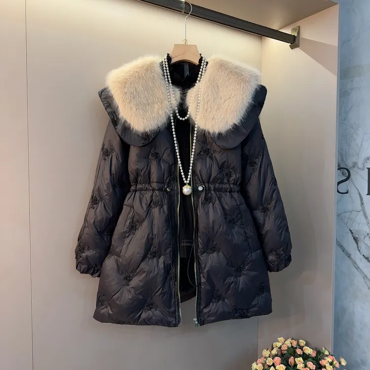 大码女装可拆卸气质毛翻领中长款收腰抽绳棉服减龄百搭外套2677