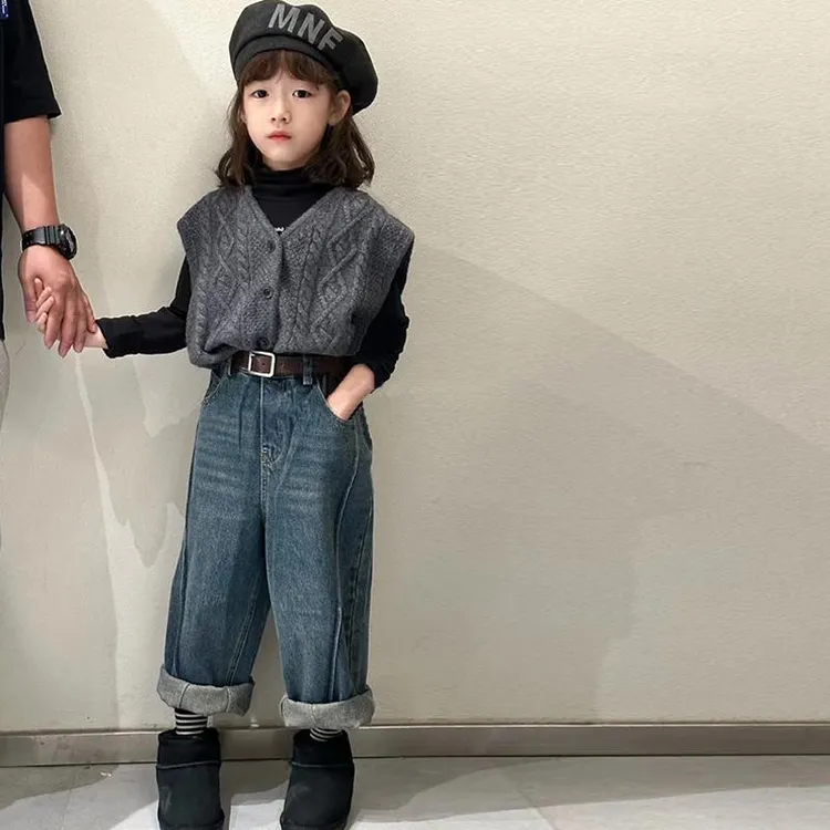 韩国牛仔女孩女童针织马甲春秋秋装新款儿童时髦休闲背心上衣套装