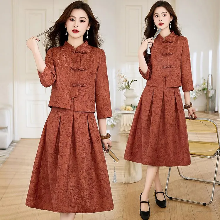 时尚两件套裙2024女新款春季新中式印花小衫搭配半