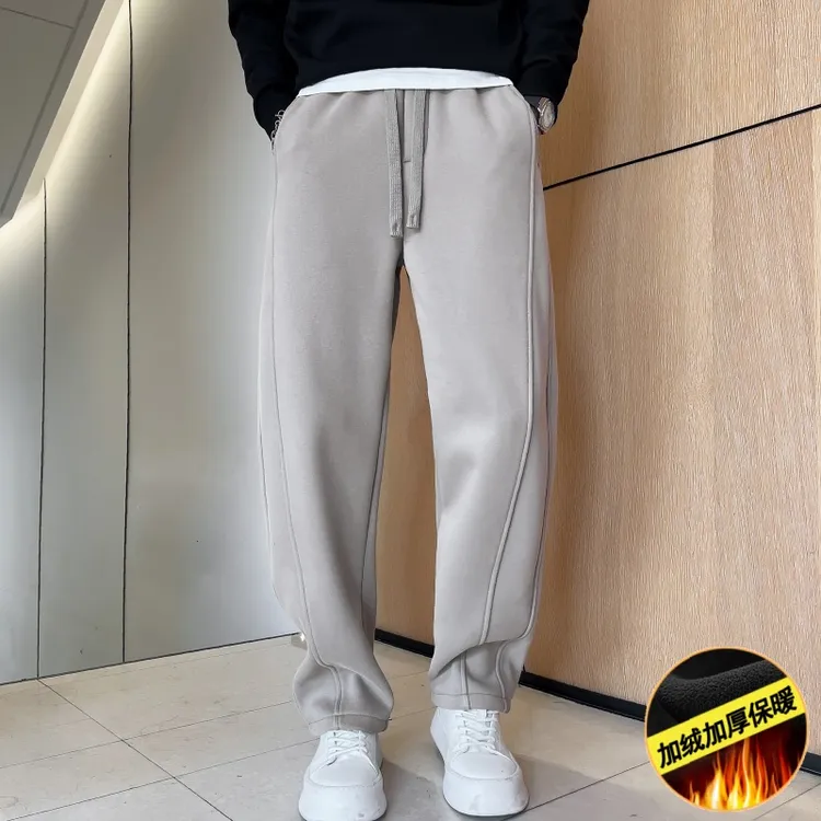 美式高街潮牌直筒卫裤男2024新款冬季加绒运动裤弯刀设计感阔腿裤