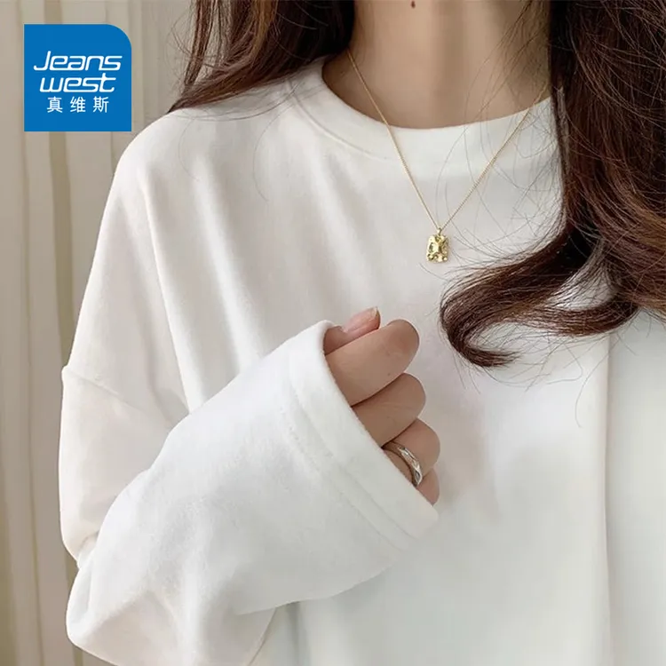 真维斯加绒打底衫女秋冬季宽松休闲白色内搭上衣重磅德绒保暖T恤