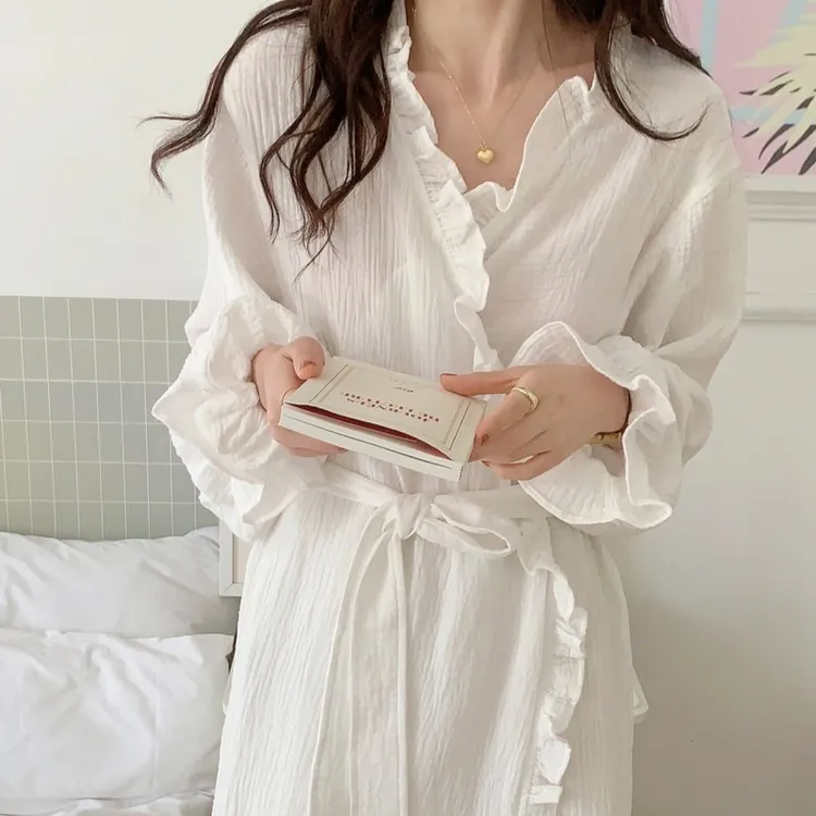 韩国ins纯欲风简约纱布睡袍女款春秋季长袖中长款休闲浴袍家居服