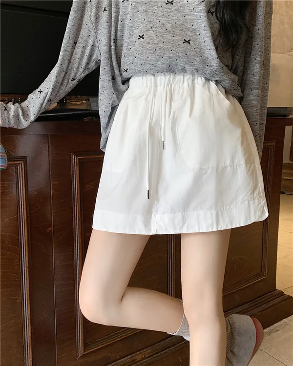 2025春夏女新款韩系运动高腰抽绳白色半身裙辣妹包臀a字短裙子