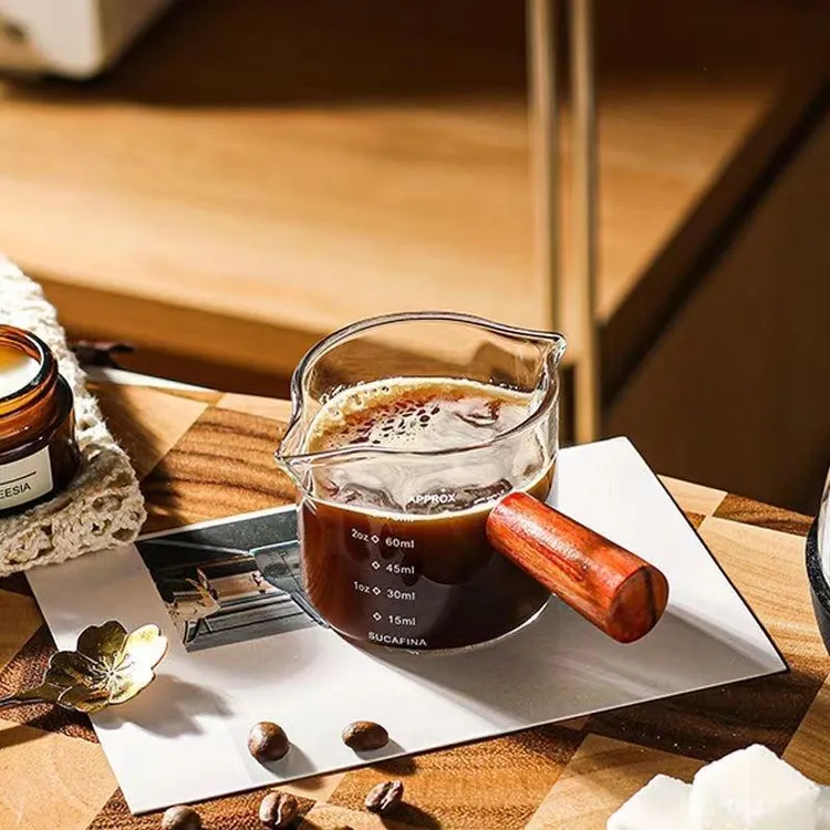 意式咖啡小奶盅木柄奶罐玻璃酱汁浓缩调味工具萃取刻度量杯器具