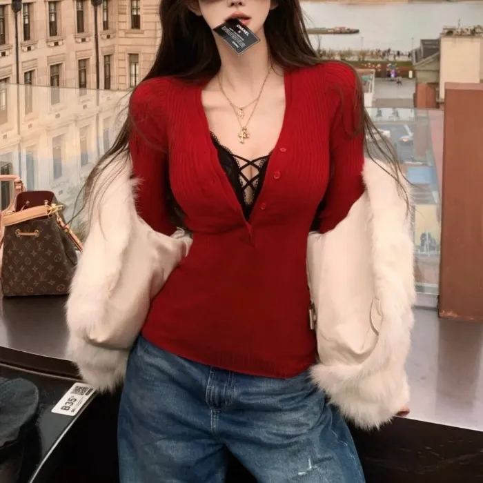 韩版性感v领真两件半开扣显瘦修身上衣女秋冬洋气针织内搭打底衫