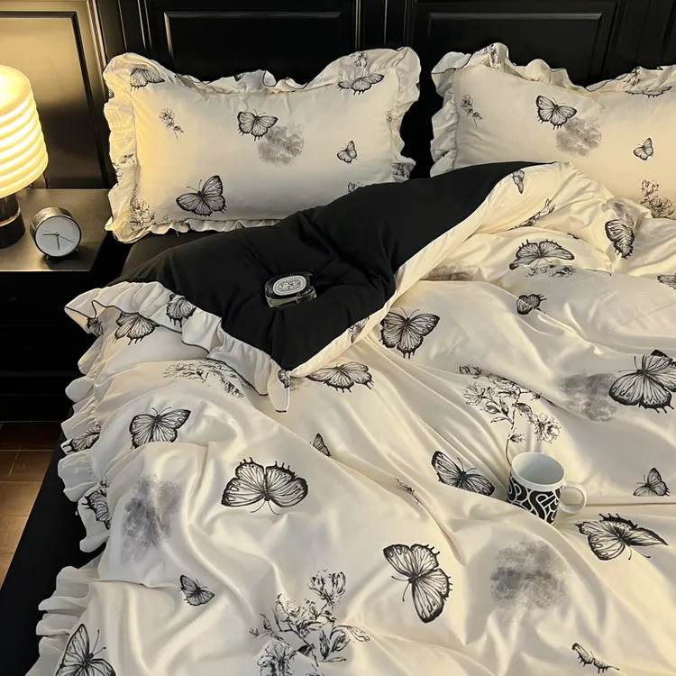 高颜值蝴蝶被罩四件套韩版少女心双人花边被套学生宿舍床单三件套