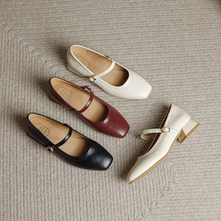 真皮粗跟玛丽珍女鞋2025春夏新款法式低跟红色小皮鞋女气质单鞋女