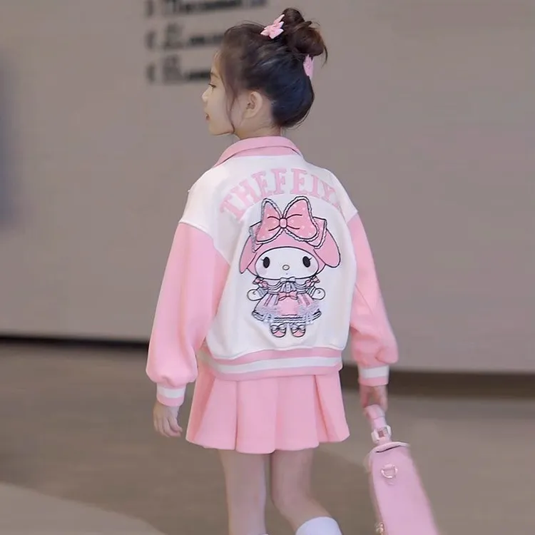 网红女童韩版裙套装中大童春秋新款洋气卡通打底衫外套短裙三件套