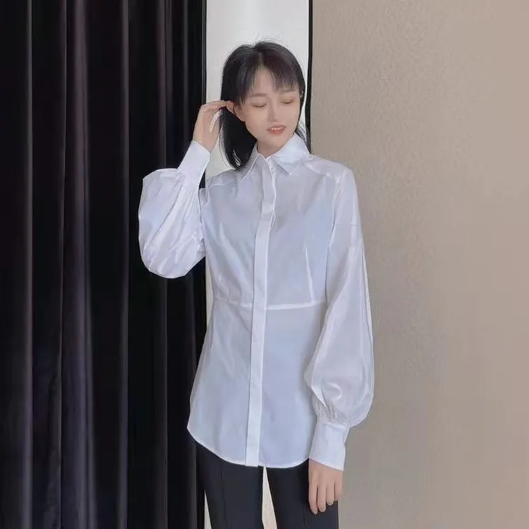 GIRDEAR/哥弟1300726灯笼袖收腰白色衬衫女长袖宽松春季