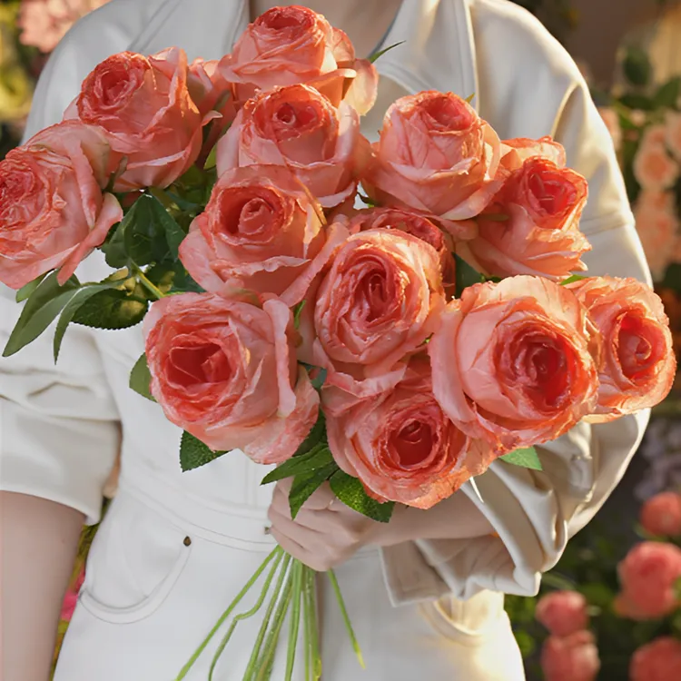 橘粉色大单头玫瑰深粉色氛围感餐桌卧室床头柜烤边仿真花假花