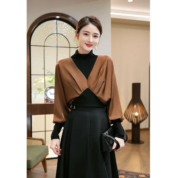 现货2026春秋新款【DD-832】气质轻奢拼接黑咖色显瘦衬衫针织上衣