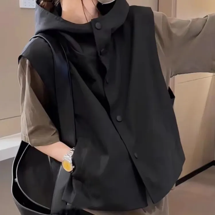 956#欧货马夹日系叠穿小坎肩连帽工装女士马甲春秋女款背心小个子