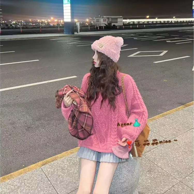 树莓粉慵懒风粉色高级感针织衫毛衣秋冬季新款加厚麻花软糯上衣女