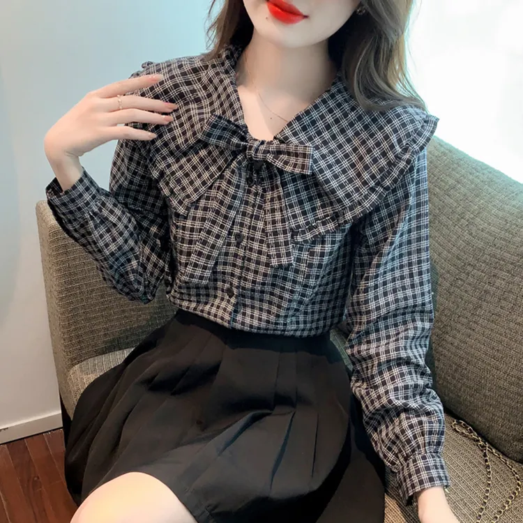 法式高端蝴蝶结格子长袖衬衫女秋季2025新款小个子娃娃领时髦上衣