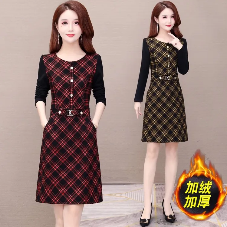格子假两件连衣裙女春秋装新款妈妈装减龄加绒气质显瘦打底短裙子