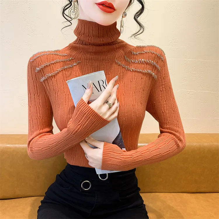 红人上新 重工钉钻毛针织衫女2024年冬装新款修身高领打底衫上衣