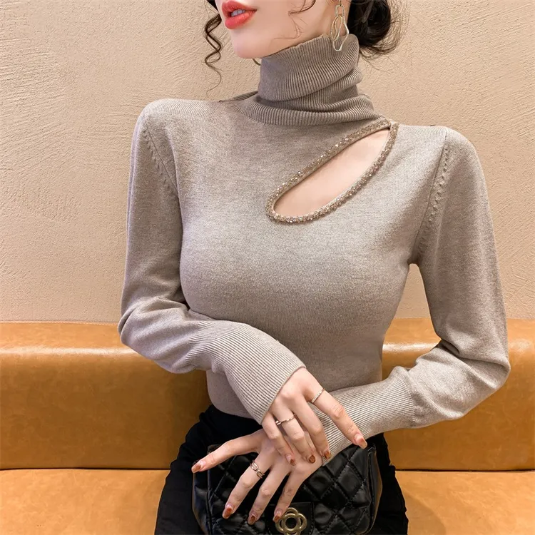 实拍秋冬新高领加绒洋气毛衣时髦气质打底衫镂空露锁骨气质上衣