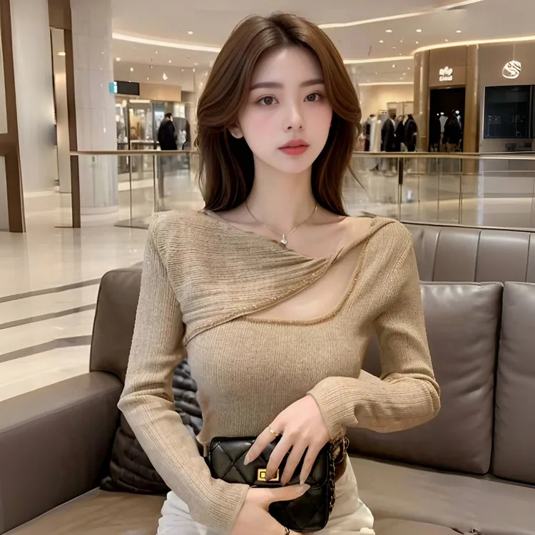 实拍钉钻小心机镂空长袖针织衫女秋季新款韩版修身显瘦打底衫毛衣