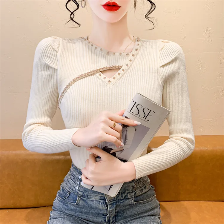 实拍秋冬新款重工内搭钻修身泡泡袖圆领打底衫气长袖针织衣衫毛衣