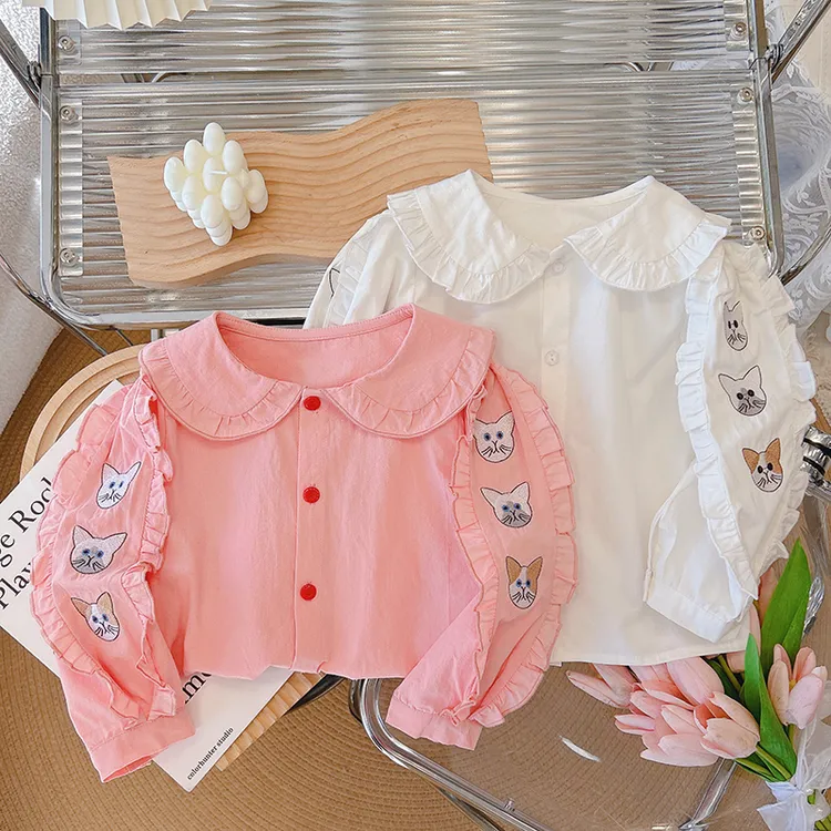 春秋新款纯棉刺绣女童衬衣衬衫领娃娃女小女孩衬衫上衣长袖宝宝