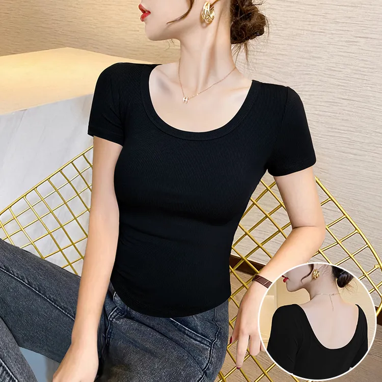 黑色螺纹短款正肩短袖t恤女春夏2025新款u型圆领弧形下摆修身上衣