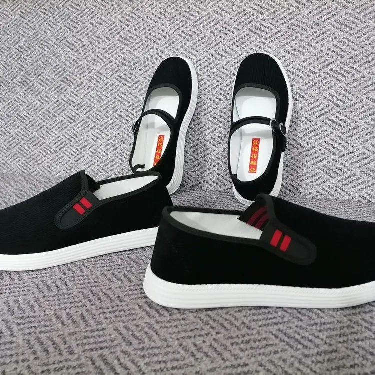 吸汗防臭布鞋男女手工棉布方口搭扣黑色灯芯绒铭裕防滑耐磨布鞋女