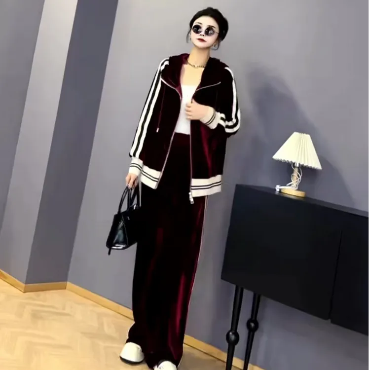 休闲运动显瘦丝绒套装女连帽拉链宽松卫衣外套高腰阔腿裤两件套