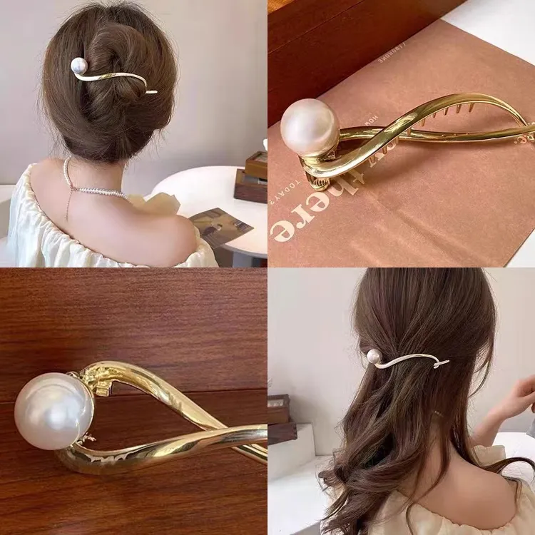 纳家高端发饰 珍珠一字夹后脑勺发夹感盘发青蛙扣金属抓夹头饰女