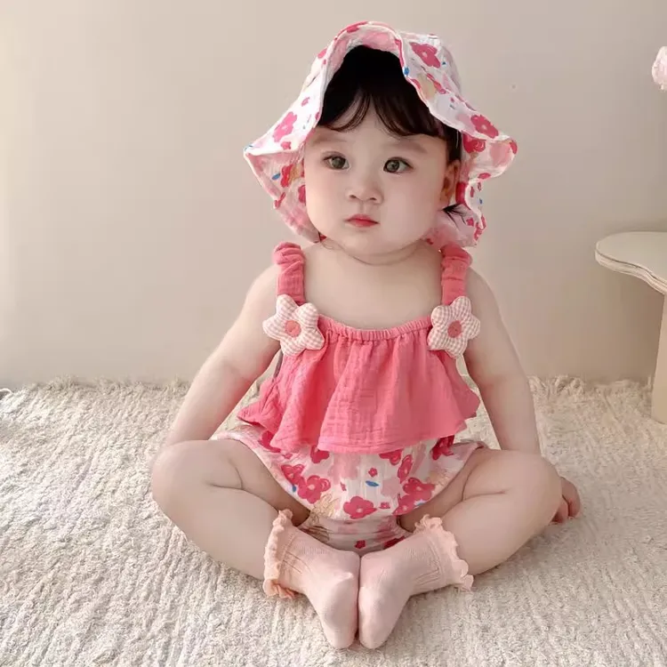送帽子夏季薄婴儿纯棉纱布造型可爱哈衣连体衣女宝吊带包屁衣爬服