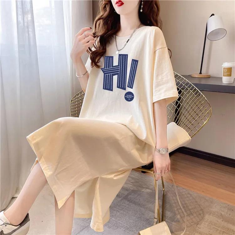 纯棉短袖t恤裙夏季大码宽松过膝连衣裙时尚气夏季纯棉大码连衣裙