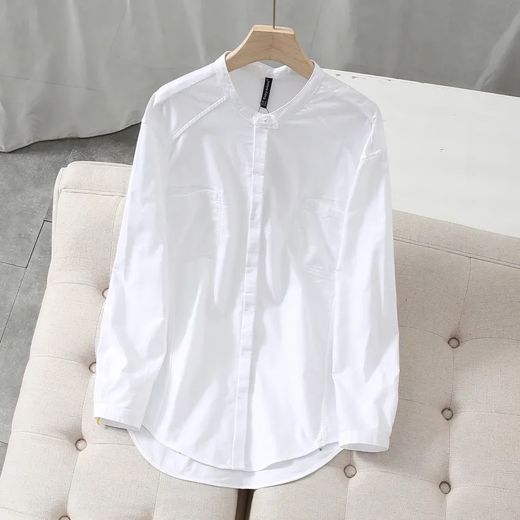 【高智淡人】轻中国风两粒扣子立领白衬衫女长袖时尚加厚衬衣落肩袖