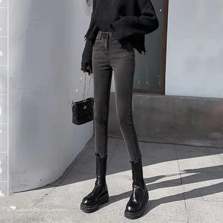 朵品烟灰色高腰小脚牛仔裤女2025新款秋冬加绒显瘦弹力紧身铅笔裤