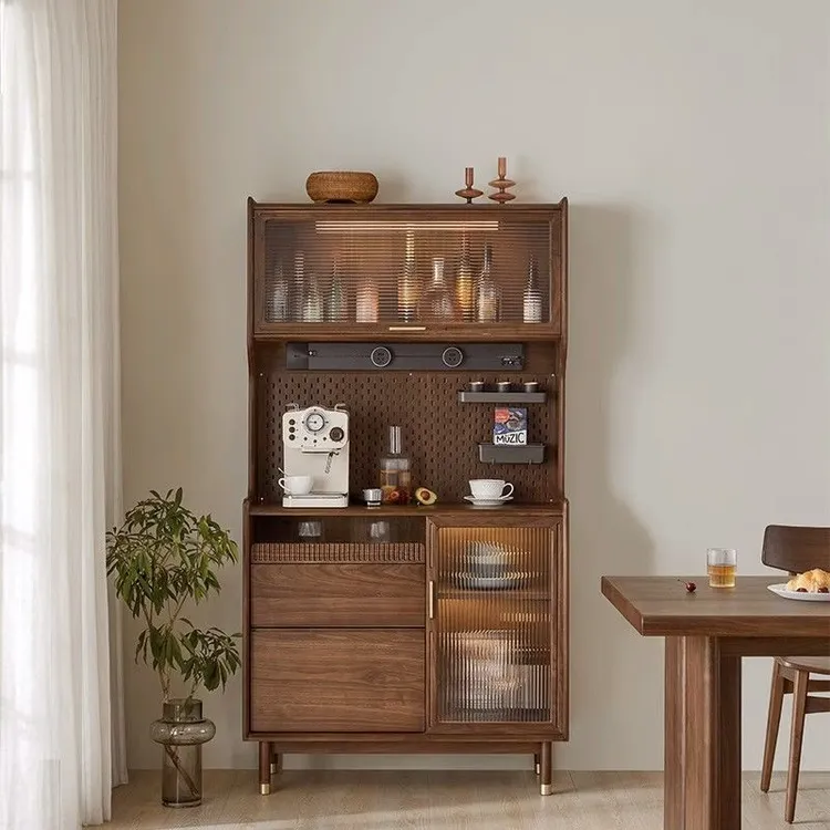 黑胡桃色实木餐边柜咖啡边柜复古酒柜储物柜靠墙茶水柜一体高柜