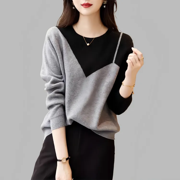 宽松撞色假两件针织衫女2025早秋季新款大码休闲显瘦减龄内搭上衣
