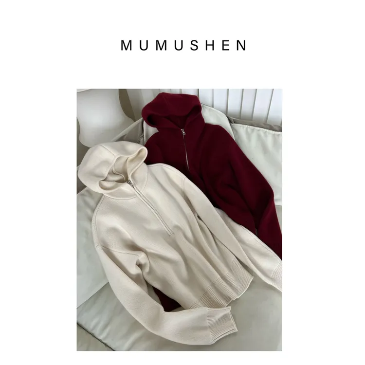 MUMUSHEN 温暖加厚美丽诺全羊毛连帽拉链款毛衣宽松显瘦长袖卫衣