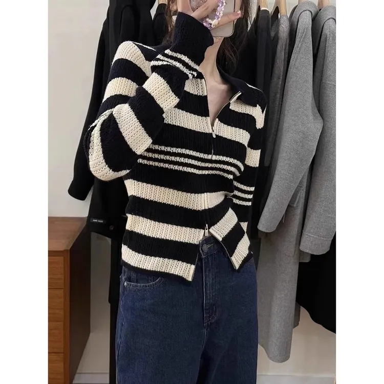 黑白条纹v领双拉链针织开衫早春秋季内搭打底衫毛衣修身短款上衣