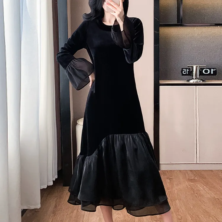 法式气质黑色连衣裙女装2025新款春季赫本风拼接丝绒喇叭袖鱼尾裙
