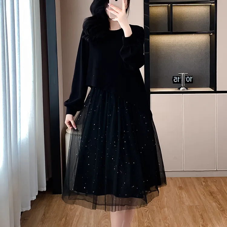 大码女装假两件网纱拼接连衣裙女秋冬季新款宽松显瘦气质中长裙子