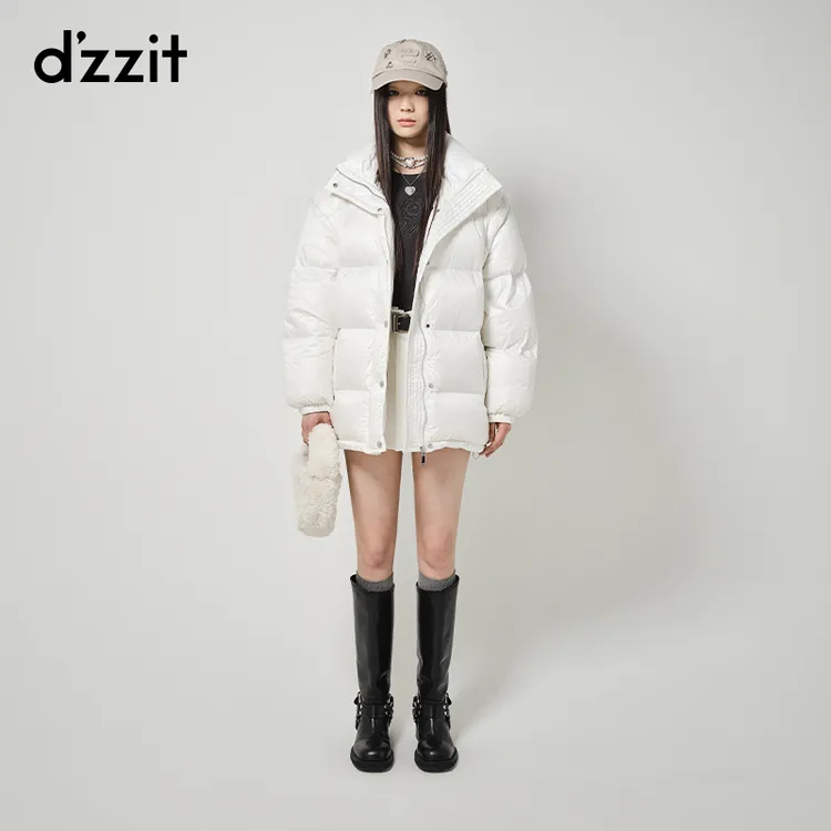 dzzit地素拆卸袖羽绒服冬季摩登立领字母面包服外套女3H4K318