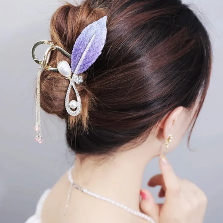 奈洱【刺绣】紫色叶子气质大抓夹轻奢百搭盘发后脑勺高级礼物