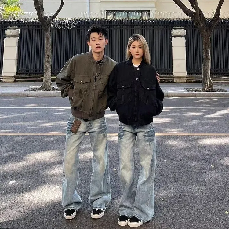 新因素美式高街复古牛仔裤男女水洗做旧破坏蓝色牛仔阔腿直筒裤