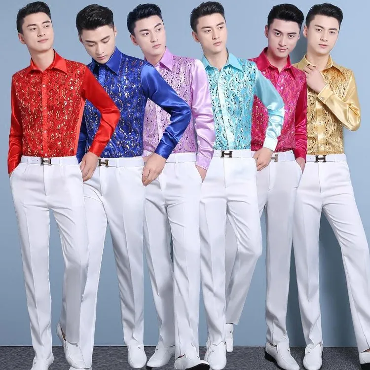 男士长袖演出服衬衫主持人歌手大合唱舞蹈表演装舞台闪光亮片衬衣