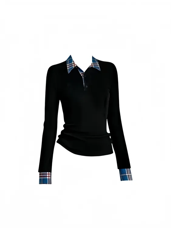 胖mm假两件polo领拼接撞色长袖打底针织衫女秋冬修身显瘦格纹上衣