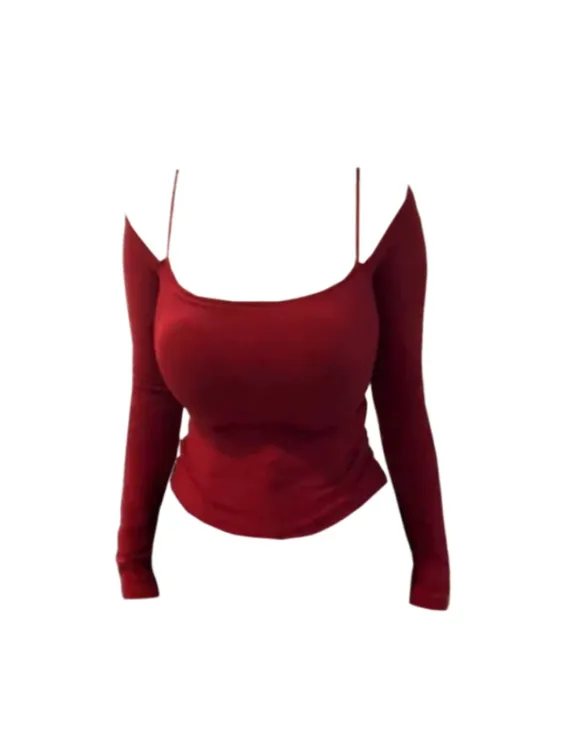 新款潮流女装大码纯欲风带胸垫长袖T恤女红色修身显瘦一字肩上衣